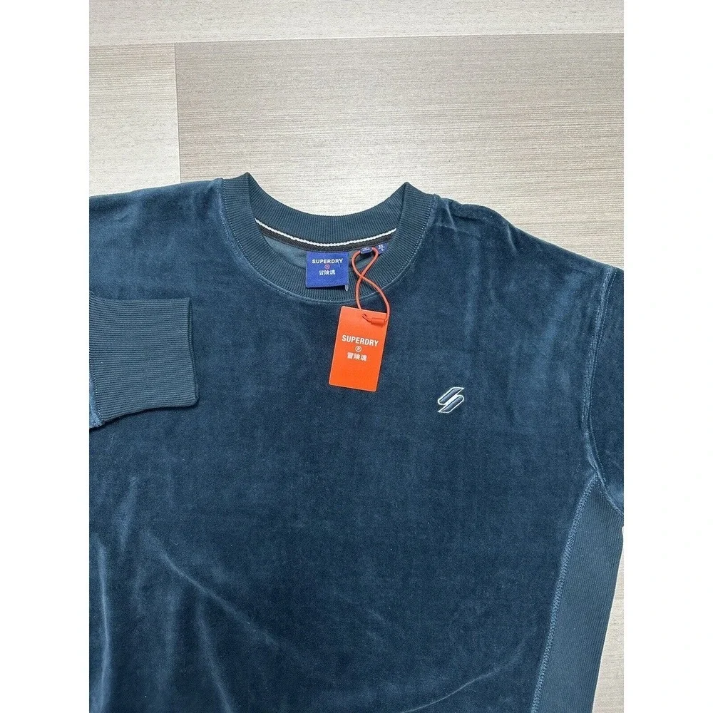 Superdry Womens Oversized Logo Velvet Sweatshirt Crewneck Size XS/S Zinc Blue - Picture 2 of 6